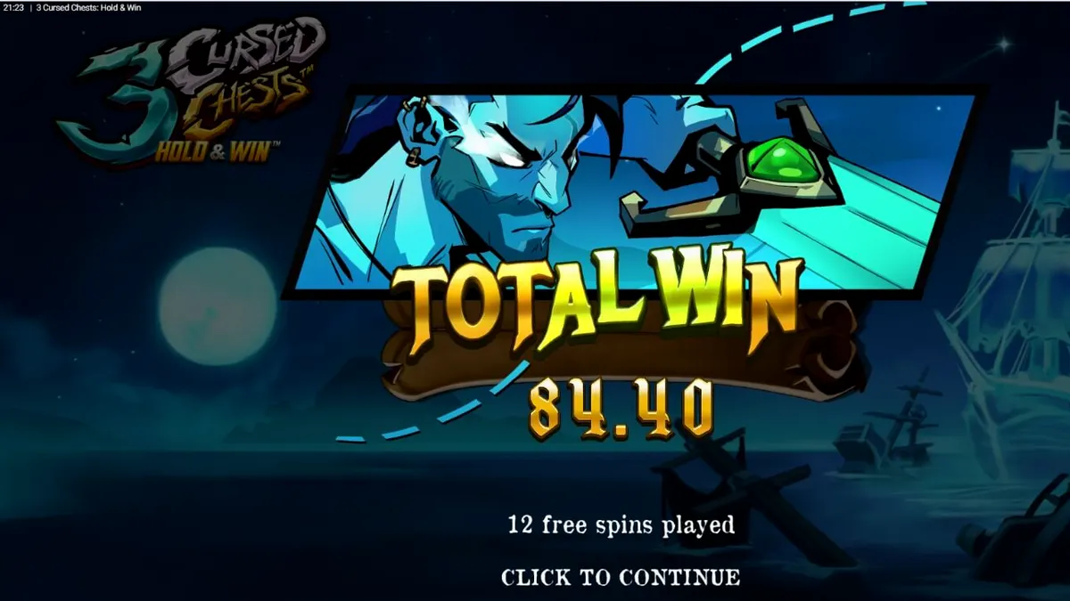 Tampilan visual slot 3 Cursed Chests: Hold & Win dengan tema bajak laut yang gelap