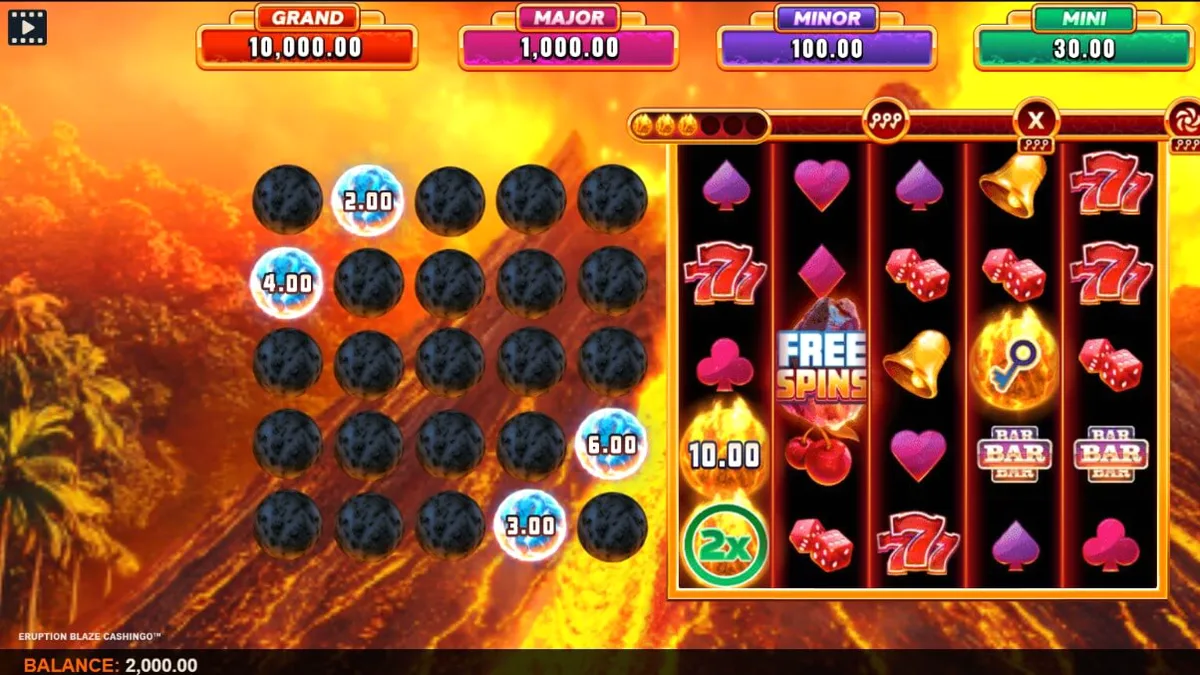 Eruption Blaze Cashingo slot machine interface with fiery volcano background
