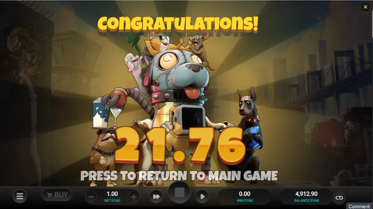 Pemandangan dystopian neon dalam slot Purrrminator Dream Drop